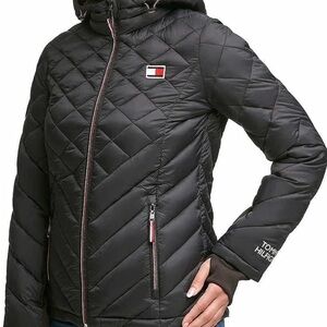 Tommy Hilfiger Women's Hooded Zip Front Short Packable Jacket. Black, L